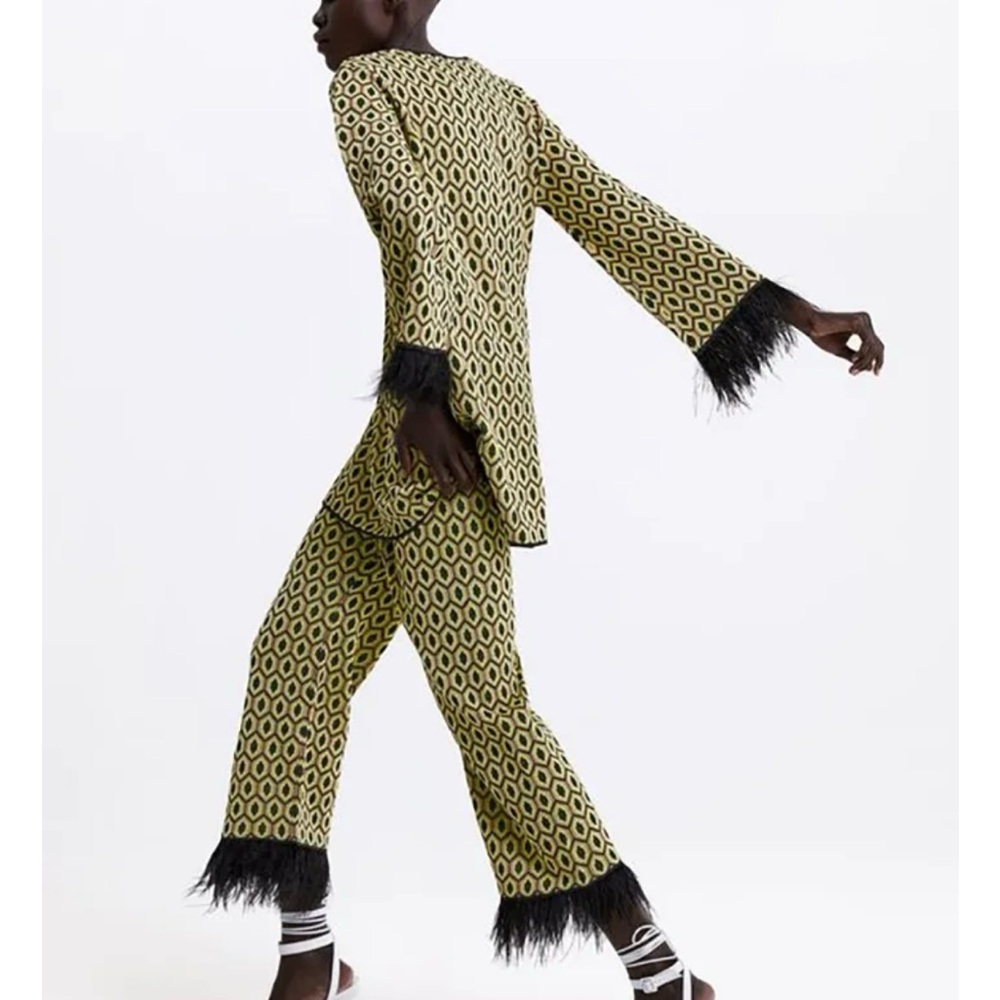 Zara 70's Retro Jacquard Feather Trim Tunic and Pants Set.